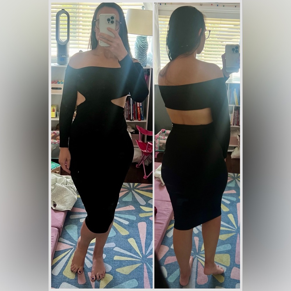 NastyGal size 6 off shoulder side cut out long sleeve bodycon midi dress